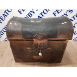 LARGE CANVAS BOUND DOMED TRUNK BY CALVIN HARDY (DISTRESSED WITH WOODWORM) 70 X 62 X 54CM WITH