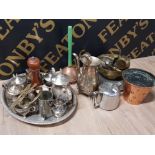 LARGE AMOUNT OF METALWARE INCL SILVERPLATED TEA SERVICE ON TRAY PLANTERS POSS STICK ETC