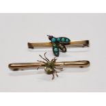 TWO VICTORIAN 9CT GOLD BUG BROOCHES SPIDER AND FLY STAMPED 4.4G GROSS