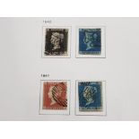 ALBUM OF UK STAMPS INCLUDES 1840 ONE PENNY BLACK STAMP AND 2 TWO PENCE BLUE STAMPS DATED 1840 AND