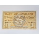 BANK OF SCOTLAND 1 POUND BANKNOTE DATED 16-10-1953, SERIES S0054389, PICK 96C, ABOUT VF