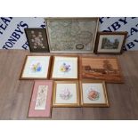 TWO PAIRS OF WATERCOLOURS BY R FALCONER FLOWER STUDIES TOGETHER WITH A REPRODUCTION MAP ETC. 9