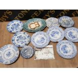 BOX CONTAINING A LARGE QUANTITY OF PLATES MAINLY BLUE AND WHITE ALSO INCLUDES GREEN RUSKINS AND