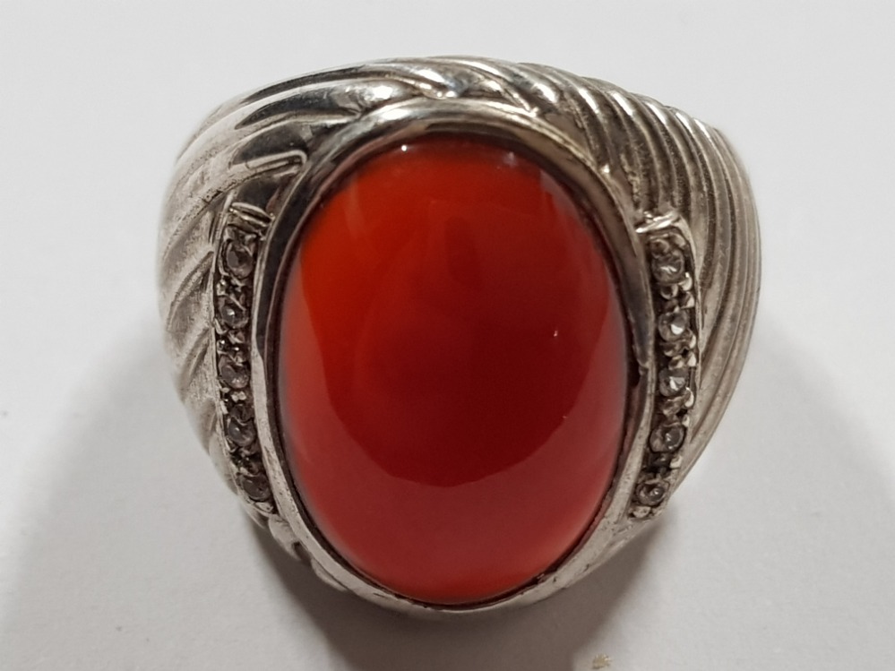 SILVER BROWN STONE RING, 17.7G, SIZE V