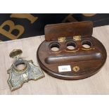 VINTAGE INLAID MAHOGANY INK WELL AND BRASS SINGLE POT INKWELL, BOTH MISSING BOTTLES