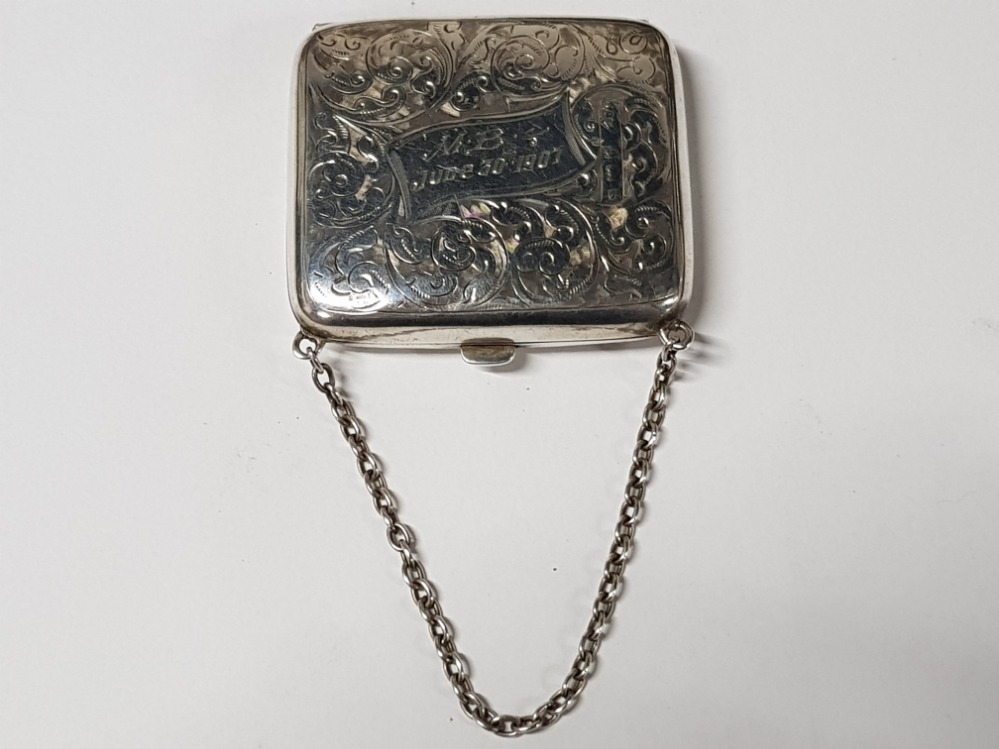 SILVER PURSE ON CHAIN DEDICATED 1907 HALLMARKED FOR BIRMINGHAM 1906, 31.5G