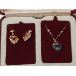 9CT CRYSTAL EARRINGS AND MATCHING CRYSTAL HEART ON 9CT CHAIN