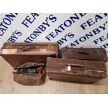 THREE VINTAGE LEATHER SUITCASES TOGETHER WITH A GLADSTONE BAG CONTAINING LEATHER REMNANTS SAS