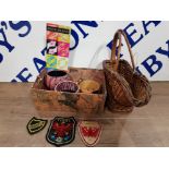 BOX OF BANGLES BADGES AND WICKER BASKET