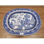 A 19TH CENTURY BLUE AND WHITE TRANSFER WILLOW PATTERN MEAT DISH 48.5CM LONG