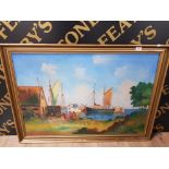AN OIL PAINTING OF A DUTCH CANAL SCENE BY RICH THUS 66 X 96CM