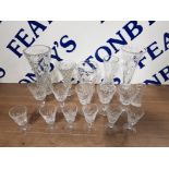 CUT GLASSWARE BY STUART AND OTHERS TO INCLUDE DRINKING GLASSES AND VASES