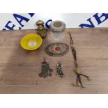 MIDDLE EASTERN JEWELLERY TO INCLUDE PENDANTS ONE CONVERTED COIN BRASS FIGURINE ETC