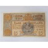 BANK OF SCOTLAND 5 POUNDS BANKNOTE DATED 5-9-1946, SERIES 6/C 5957, PICK 97B, PRESSES, FINE PLUS