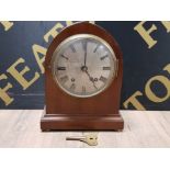 ANTIQUE MAHOGANY MANTLE CLOCK WITH SLIM INLAY AND BRASS DIAL ALSO FITTED WITH EMPIRE MECHANICS