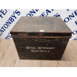 A PAINTED METAL TRUNK BY MILNERS OF LIVERPOOL INSCRIBED ROYAL INFIRMARY NEWCASTLE 62 X 46 X 46CM