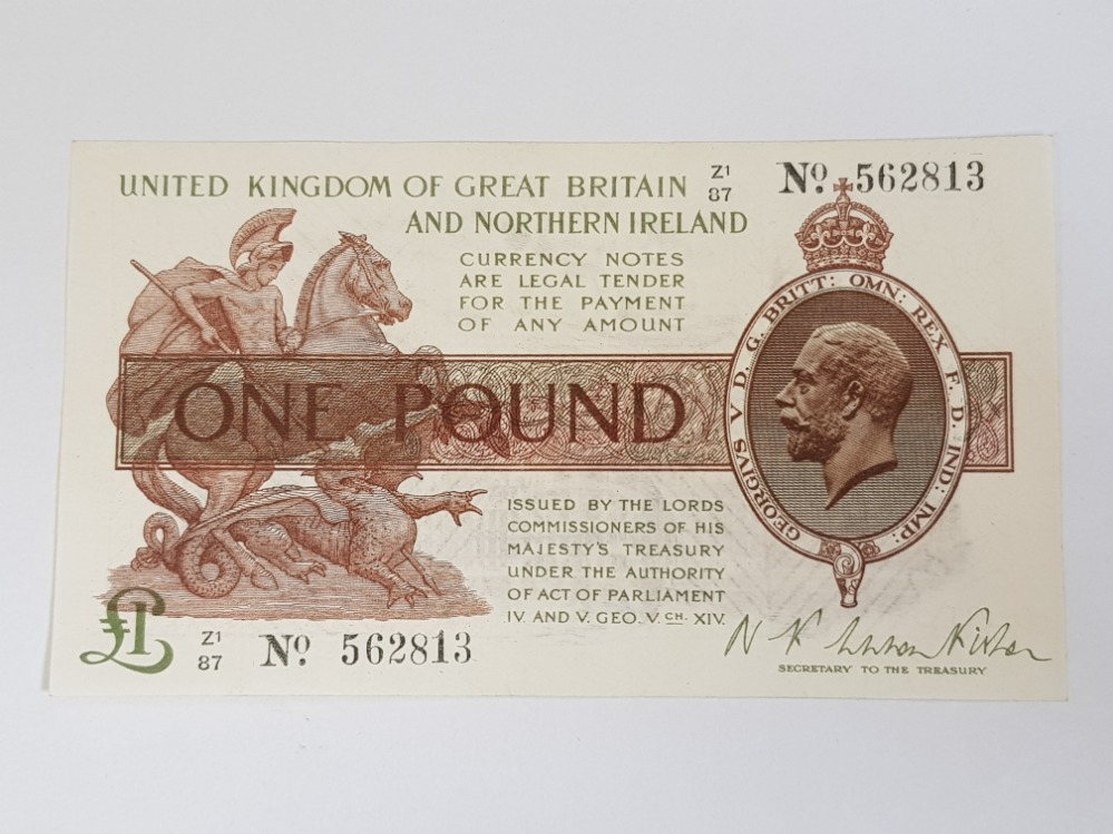 GREAT BRITAIN WARREN FISHER 1 POUND BANKNOTE, T34 ISSUED 1927 CONTROL NOTE, SERIES Z1/87 562813,