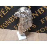LARGE METAL SILVER EFFECT EAGLES HEAD ORNAMENT ON MARBLE BASE 46CM HEIGHT