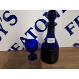 BRISTOL BLUE GLASS DECANTER AND DOUBLE KNOP WINE GLASS