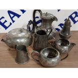 7 PEWTER PIECES INCLUDES TEAPOTS, JUGS, TWIN HANDLED BOWL ETC, BY JAMES DIXON AND SONS AND G.L AND