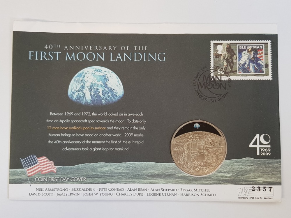 MOON LANDING COIN FIRST DAY COVER COMMEMORATING 40TH ANNIVERSARY, INCLUDING 5 POUND COIN