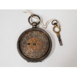 SILVER NICELY ETCHED FOB WATCH WITH KEY, STAMED 0.935 ON INSIDE, NO GLASS PLUS TWO OTHER