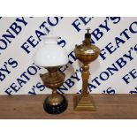 TWO BRASS OIL LAMPS ONE WITH WHITE GLASS SHADE