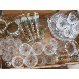 BOX OF CRYSTAL WINE GLASSES, CUT AND ETCHED CRYSTAL AND 3 DEMIJONS