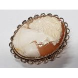 GOLD ON SILVER FEMALE CAMEO BROOCH, 8.9G GROSS