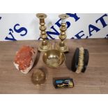 A PAIR OF BRASS CANDLESTICKS BOWL AND BELL PAIR OF ANTIQUE EBONY HAND BRUSHES ETC