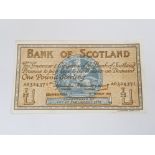 BANK OF SCOTLAND 1 POUND BANKNOTE DATED 1-3-1955, FIRST SERIES A0324371, PICK 100A, PRESSED GOOD