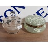 2 LARGE LADIES GLASS TALCUM POTS BOTH HAND DECORATED, ONE WITH GREEN ENAMELLED SNOWDROPS AND