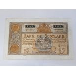 BANK OF SCOTLAND 5 POUNDS BANKNOTE DATED 15-6-1936, SERIES 18/M 1612, PICK 92A, TAPED REPAIR,