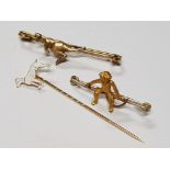 18KT ENAMEL DOG STICK PIN 1.6G TOGETHER WITH 9CT GOLD KANGAROO BROOCH 5.4G AND SILVER GILT MONKEY