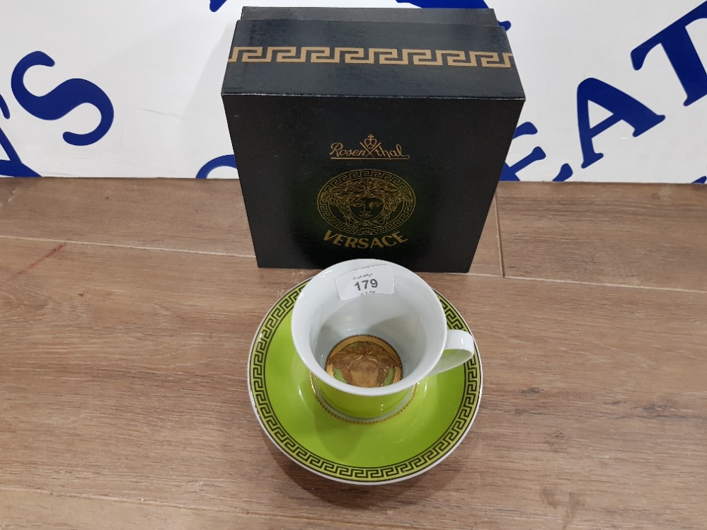 VERSACE FOR ROSENTHAL TEACUP AND SAUCER WITH GREEK KEY PATTERN ON GREEN GROUND WITH ORIGINAL BOX