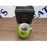 VERSACE FOR ROSENTHAL TEACUP AND SAUCER WITH GREEK KEY PATTERN ON GREEN GROUND WITH ORIGINAL BOX