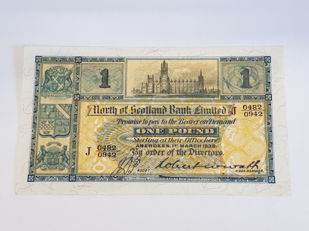 NORTH OF SCOTLAND BANK LTD 1 POUND BANKNOTE DATED 1-3-1935, SERIES J, PICK S639, PRESSED GVF