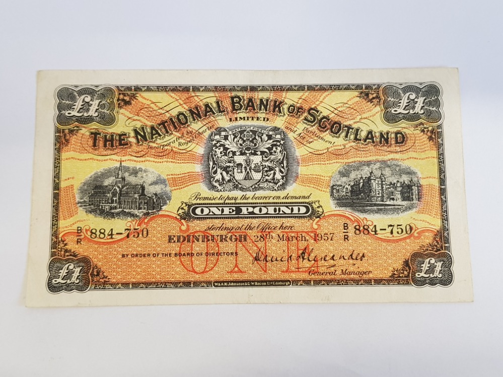 NATIONAL BANK OF SCOTLAND 1 POUND BANKNOTE DATED 28-3-1957, SERIES B/R, PICK 258C, VF