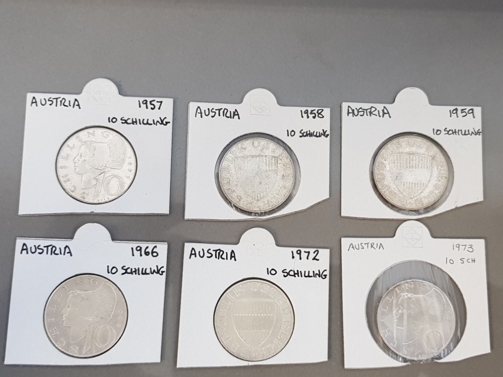 6 AUSTRIA 10 SCHILLING SILVER COINS FROM 1957,58,59,66,72 AND 73