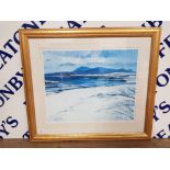 A SIGNED LIMITED EDITION COLOUR PRINT AFTER ROBERT KELSEY FIGURES ON A BEACH NO 145/950 46.5 X 56.