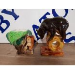 A LOMONOSOV USSR BEAR ON WHEEL TOGETHER WITH A HORNSEA SPILL VASE WITH SQUIRREL DECORATION