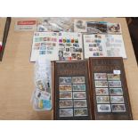 MIXED LOT OF VINTAGE POSTCARDS, FRAMED AND LOOSE CIGARETTE CARDS PLUS 2 STAMP ALBUMS ETC