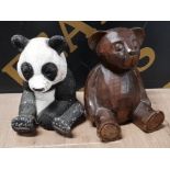 CARVED WOODEN TEDDY BEAR TOGETHER WITH CERAMIC PANDA MONEY