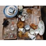 2 BOXES OF MIXED CERAMICS, GLASS AND ANTIQUE PLATES PLUS DISHES, ALSO INCLUDES DELFT WARE