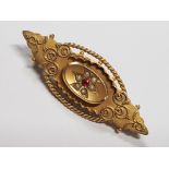 9CT YELLOW GOLD RUBY AND PEARL BROOCH, 3.1G GROSS
