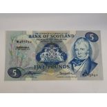 BANK OF SCOTLAND 5 POUNDS BANKNOTE DATED 5-9-1973 SERIES W485892, PICK 112B, PRESSES ABOUT UNC