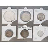 6 SOUTH AFRICAN SILVER COINS. 1SH 2S, 2/6, 5SH, 5C AND 20C