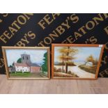 OIL ON CANVAS AND GILT FRAMED OIL ON BOARD PAINTING BOTH COTTAGE SCENES