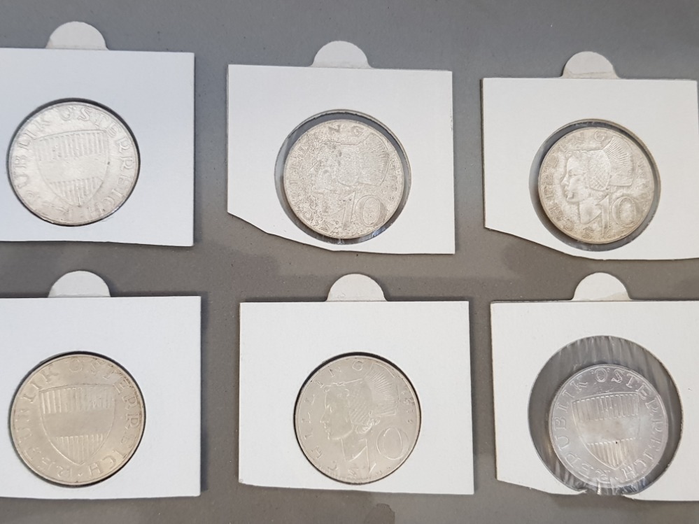 6 AUSTRIA 10 SCHILLING SILVER COINS FROM 1957,58,59,66,72 AND 73 - Image 2 of 2