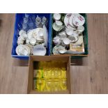 3 BOXES OF MIXED CERAMICS MOSTLY TEA SETS ALSO INCLUDES NICELY ETCHED WINE GLASSES